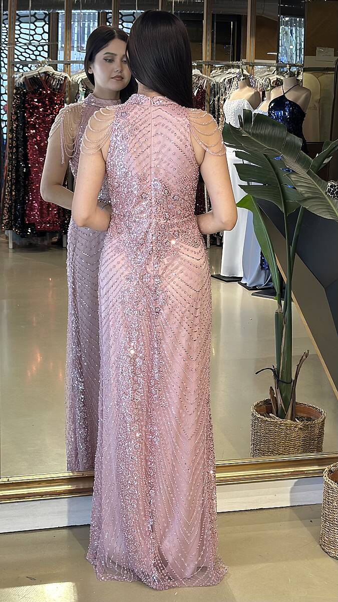 Pembe Halter Yaka Boncuk İşlemeli Düz Kesim Pullu Boncuklu Uzun Abiye Elbise 21-11154 - 5