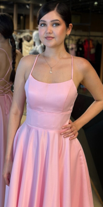 Pembe İp Askılı Sırt Dekolteli Kloş Etekli Saten Uzun Abiye Elbise 7590 - 3