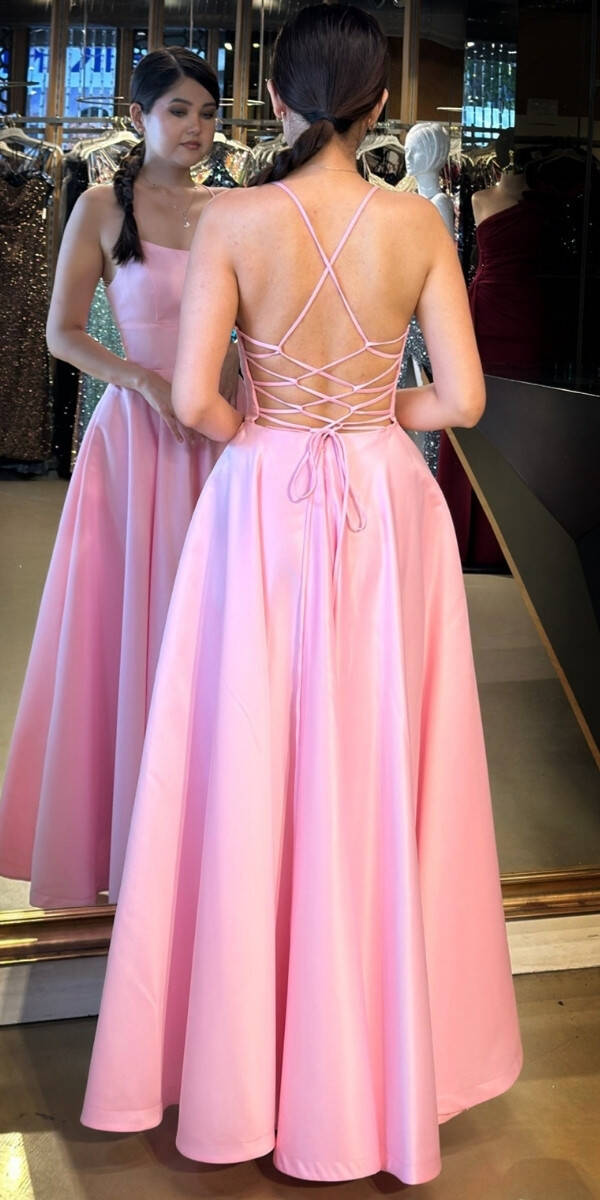 Pembe İp Askılı Sırt Dekolteli Kloş Etekli Saten Uzun Abiye Elbise 7590 - 5