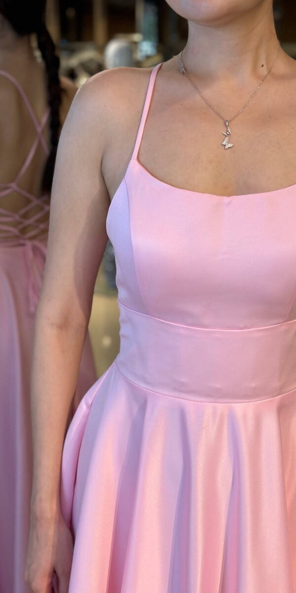 Pembe İp Askılı Sırt Dekolteli Kloş Etekli Saten Uzun Abiye Elbise 7590 - 4