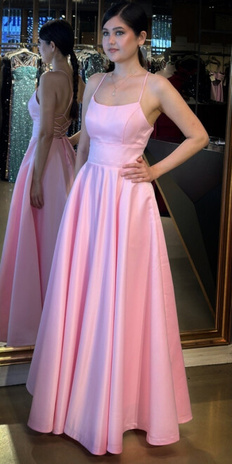 Pembe İp Askılı Sırt Dekolteli Kloş Etekli Saten Uzun Abiye Elbise 7590 - 2