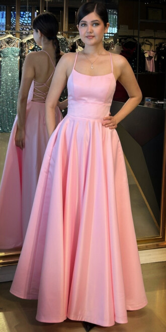 Pembe İp Askılı Sırt Dekolteli Kloş Etekli Saten Uzun Abiye Elbise 7590 - 1