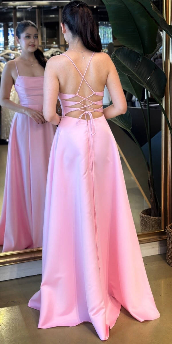 Pembe İp Askılı Sırt Dekolteli Kloş Etekli Saten Uzun Abiye Elbise 7764 - 5
