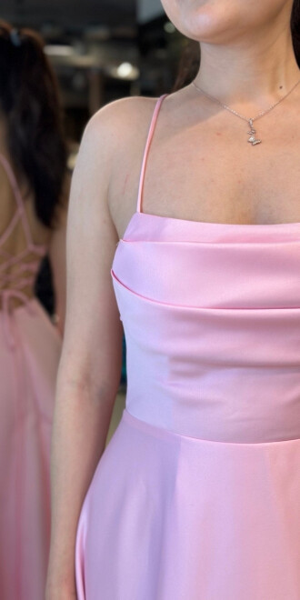 Pembe İp Askılı Sırt Dekolteli Kloş Etekli Saten Uzun Abiye Elbise 7764 - 4