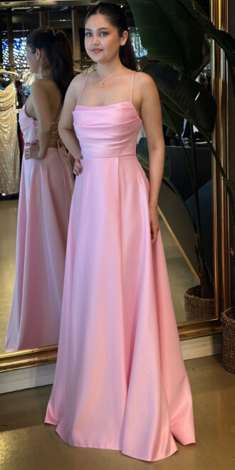 Pembe İp Askılı Sırt Dekolteli Kloş Etekli Saten Uzun Abiye Elbise 7764 - 2