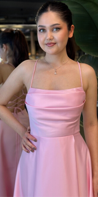 Pembe İp Askılı Sırt Dekolteli Kloş Etekli Saten Uzun Abiye Elbise 7764 - 3