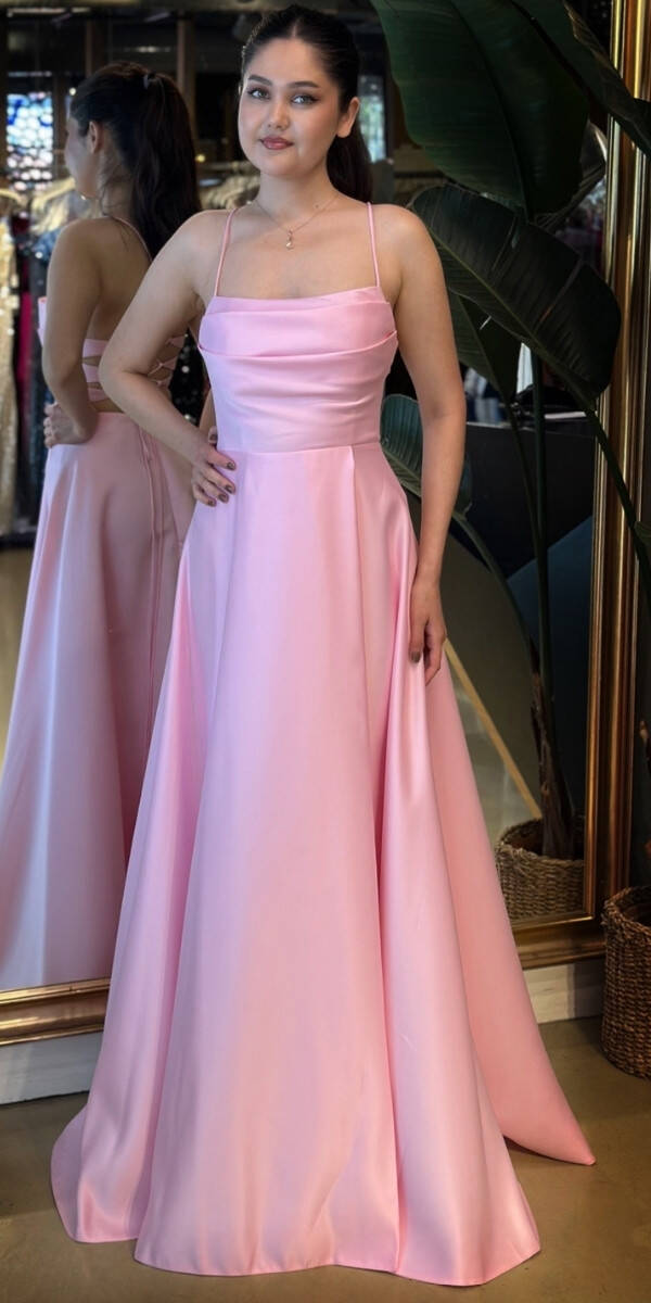 Pembe İp Askılı Sırt Dekolteli Kloş Etekli Saten Uzun Abiye Elbise 7764 - 1