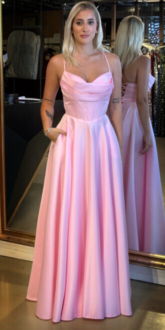 Pembe İp Askılı Sırt Dekolteli Kloş Etekli Saten Uzun Abiye Elbise 7783 