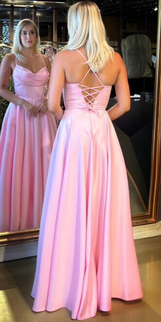 Pembe İp Askılı Sırt Dekolteli Kloş Etekli Saten Uzun Abiye Elbise 7783 - 5