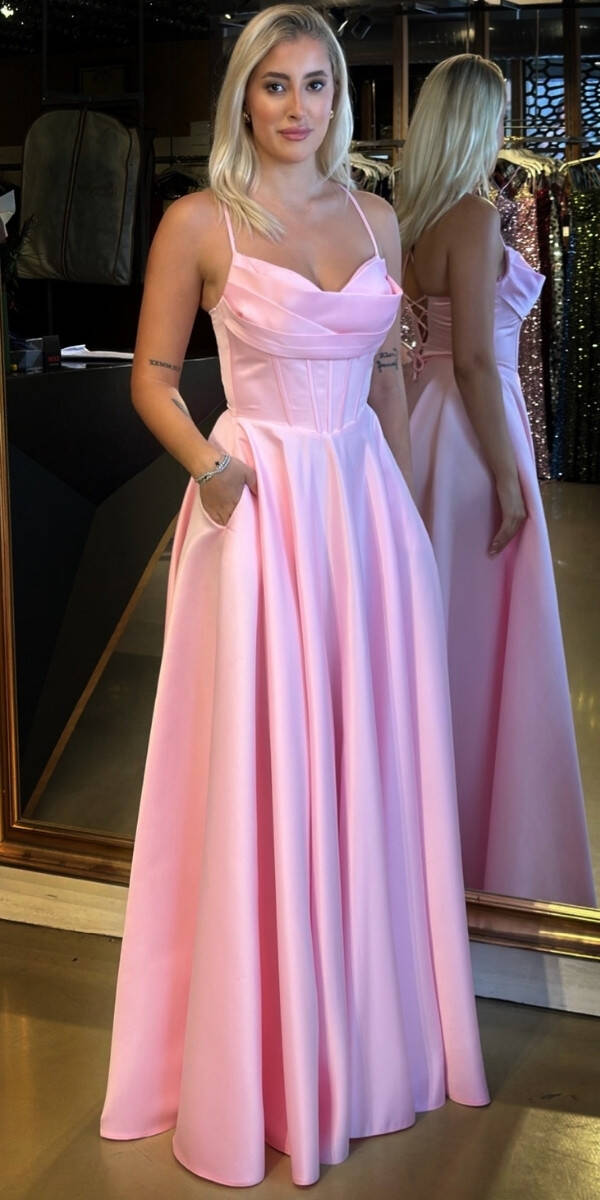 Pembe İp Askılı Sırt Dekolteli Kloş Etekli Saten Uzun Abiye Elbise 7783 - 2