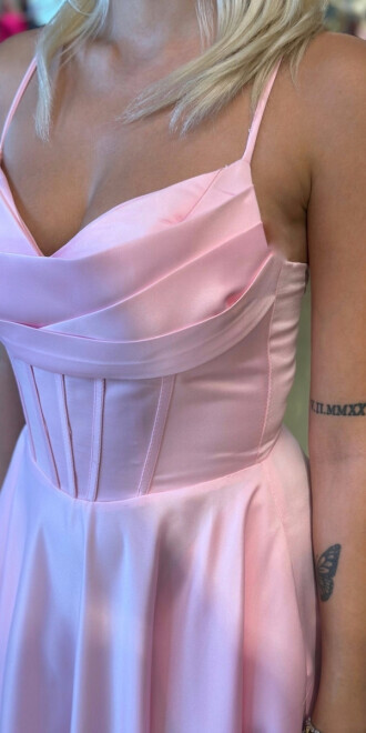 Pembe İp Askılı Sırt Dekolteli Kloş Etekli Saten Uzun Abiye Elbise 7783 - 4