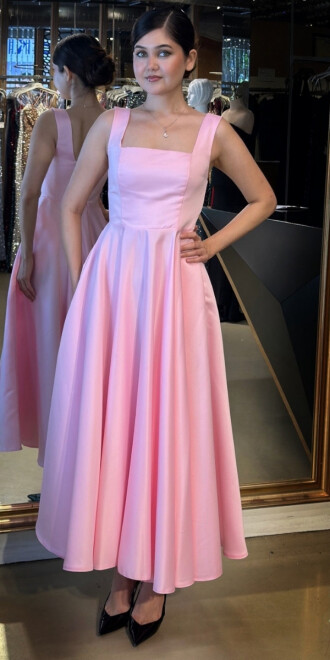 Pembe Kalın Askı Kloş Etekli Saten Midi Abiye Elbise 7631 - abiyeniall