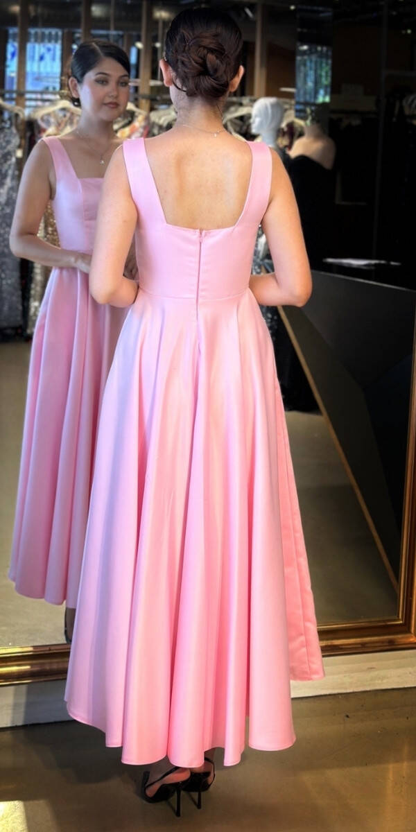 Pembe Kalın Askı Kloş Etekli Saten Midi Abiye Elbise 7631 - 5