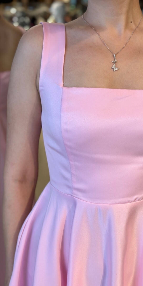 Pembe Kalın Askı Kloş Etekli Saten Midi Abiye Elbise 7631 - 4