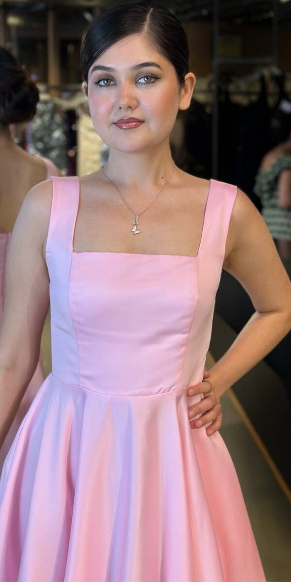 Pembe Kalın Askı Kloş Etekli Saten Midi Abiye Elbise 7631 - 3