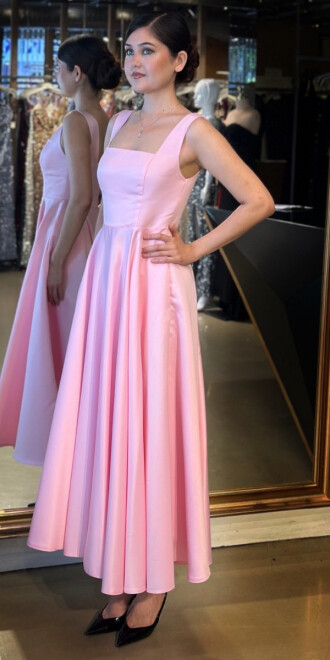 Pembe Kalın Askı Kloş Etekli Saten Midi Abiye Elbise 7631 - 2