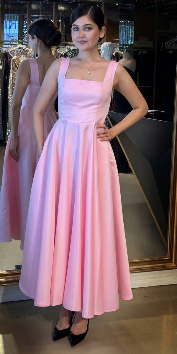 Pembe Kalın Askı Kloş Etekli Saten Midi Abiye Elbise 7631 - 1