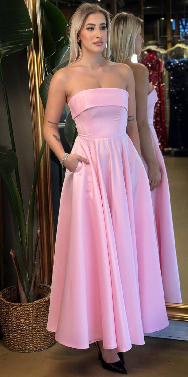 Pembe Straplez Yaka Kloş Etekli Saten Midi Abiye Elbise 7647 - 1