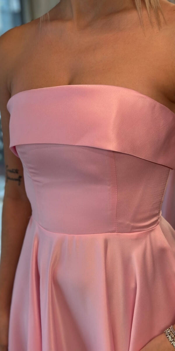 Pembe Straplez Yaka Kloş Etekli Saten Midi Abiye Elbise 7647 - 4