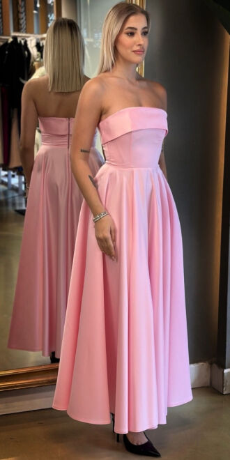Pembe Straplez Yaka Kloş Etekli Saten Midi Abiye Elbise 7647 - 3