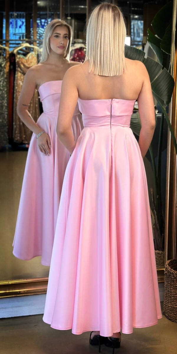 Pembe Straplez Yaka Kloş Etekli Saten Midi Abiye Elbise 7647 - 5