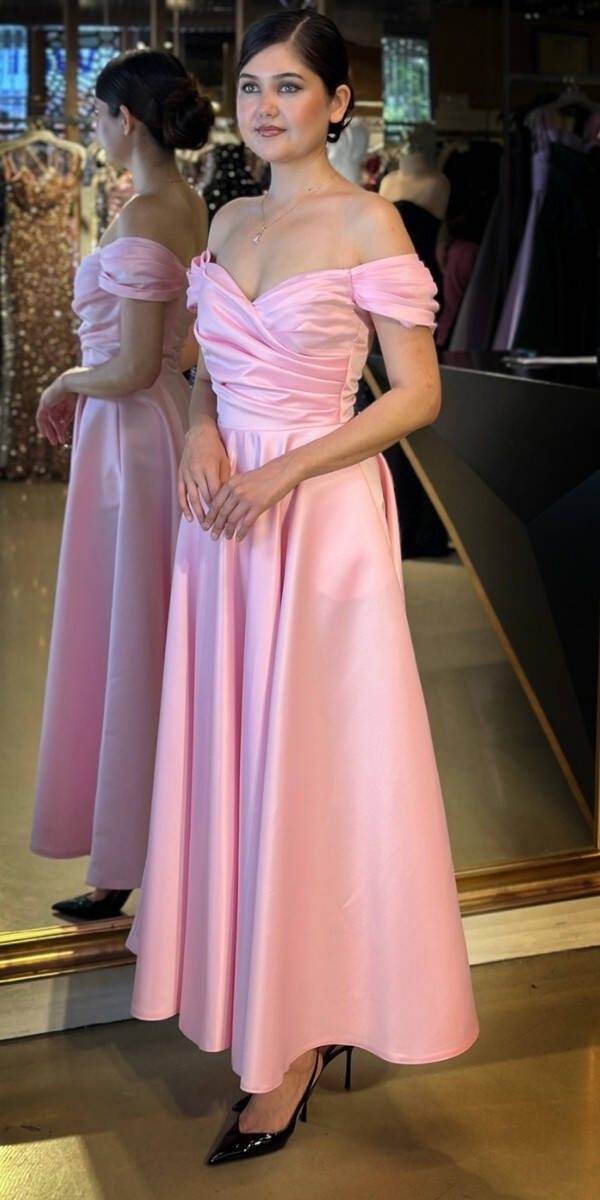 Pembe Madonna Yaka Kloş Etekli Saten Midi Abiye Elbise 7672 - 2