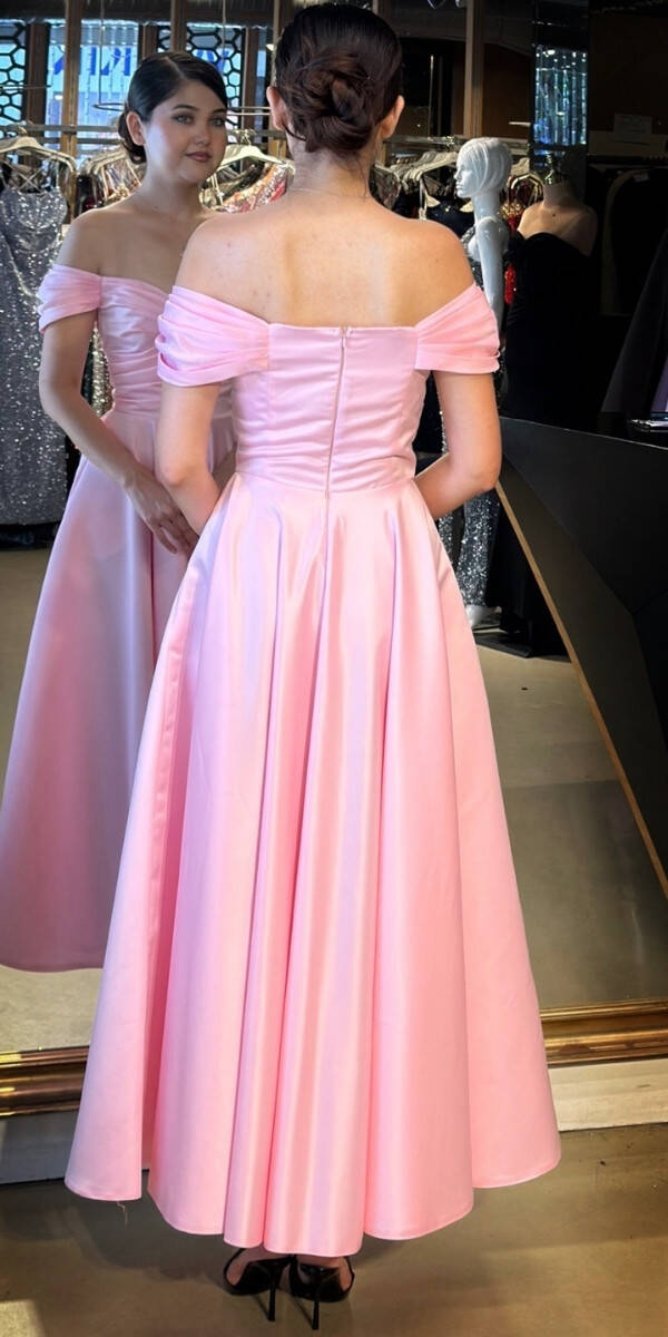 Pembe Madonna Yaka Kloş Etekli Saten Midi Abiye Elbise 7672 - 5