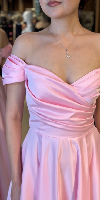 Pembe Madonna Yaka Kloş Etekli Saten Midi Abiye Elbise 7672 - 4