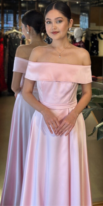 Pembe Madonna Yaka Kloş Etekli Saten Uzun Abiye Elbise 11067-06 - 3