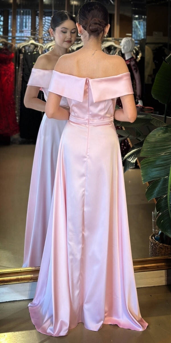 Pembe Madonna Yaka Kloş Etekli Saten Uzun Abiye Elbise 11067-06 - 5