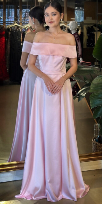 Pembe Madonna Yaka Kloş Etekli Saten Uzun Abiye Elbise 11067-06 - 1