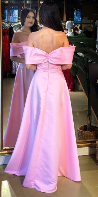 Pembe Madonna Yaka Taş Detaylı Kloş Etekli Saten Uzun Abiye Elbise 11063-06 - 5