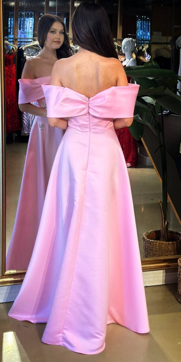 Pembe Madonna Yaka Taş Detaylı Kloş Etekli Saten Uzun Abiye Elbise 11063-06 - 5