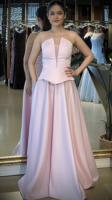 Pembe Straplez Yaka Göğüs Dekolteli Kloş Etekli Saten Uzun Abiye Elbise 11227-05 - abiyeniall