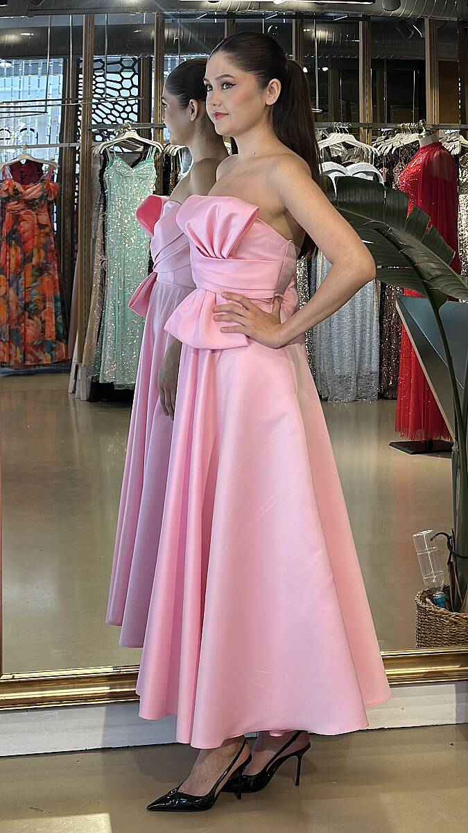 Pembe Straplez Yaka Kloş Etekli Saten Midi Abiye Elbise 7657 - 2