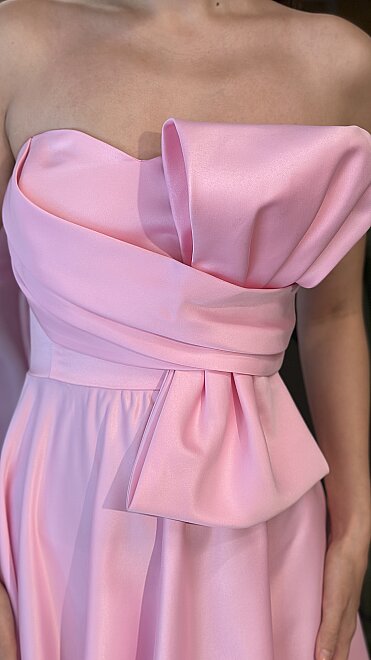 Pembe Straplez Yaka Kloş Etekli Saten Midi Abiye Elbise 7657 - 4