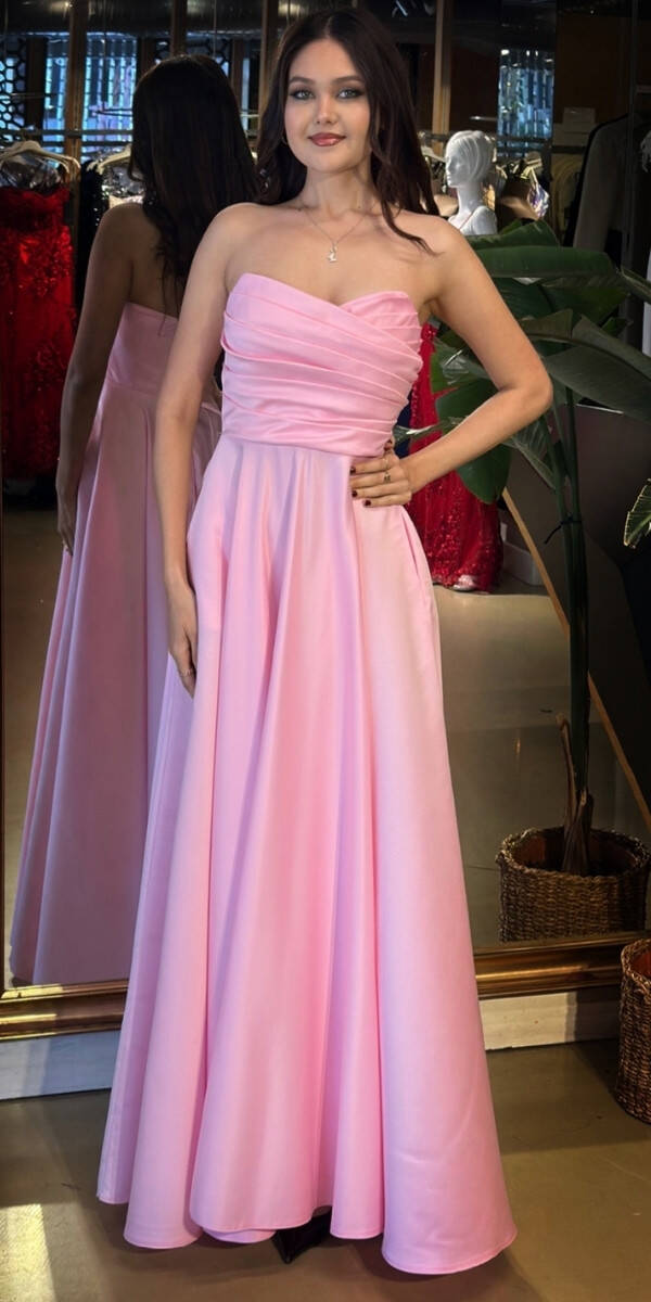 Pembe Straplez Yaka Sırt Dekolteli Kloş Etekli Saten Uzun Abiye Elbise 11120-01 - 1