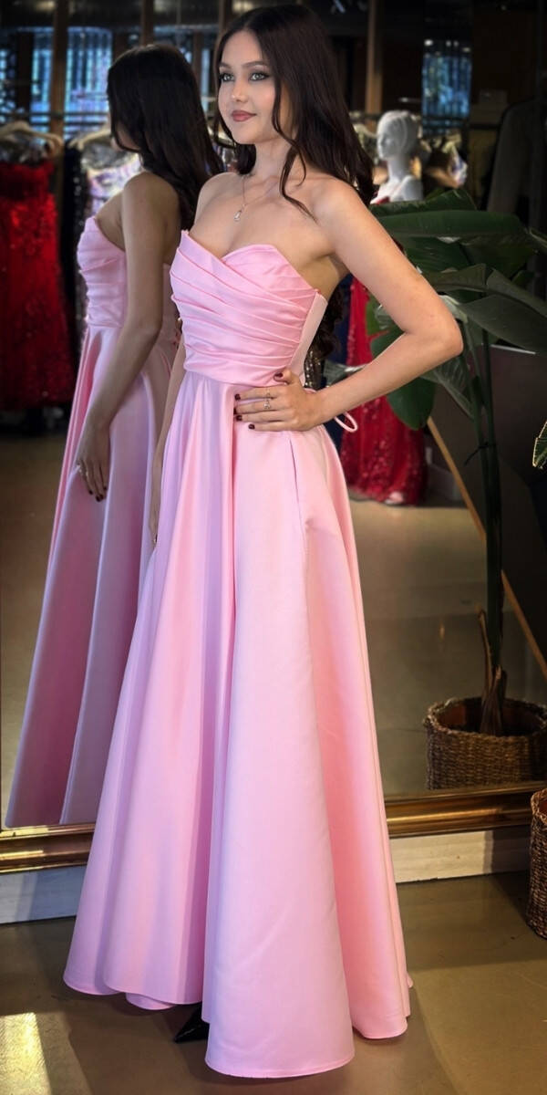 Pembe Straplez Yaka Sırt Dekolteli Kloş Etekli Saten Uzun Abiye Elbise 11120-01 - 2