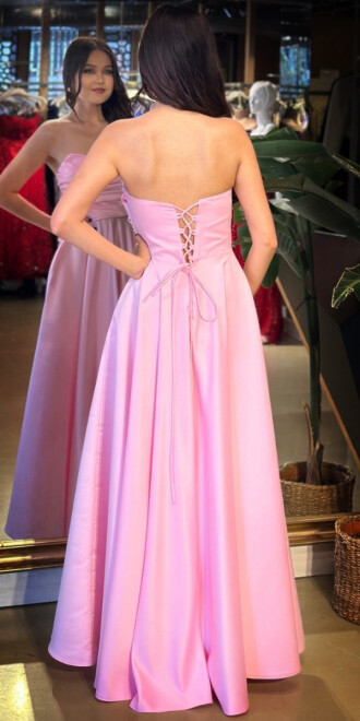 Pembe Straplez Yaka Sırt Dekolteli Kloş Etekli Saten Uzun Abiye Elbise 11120-01 - 5