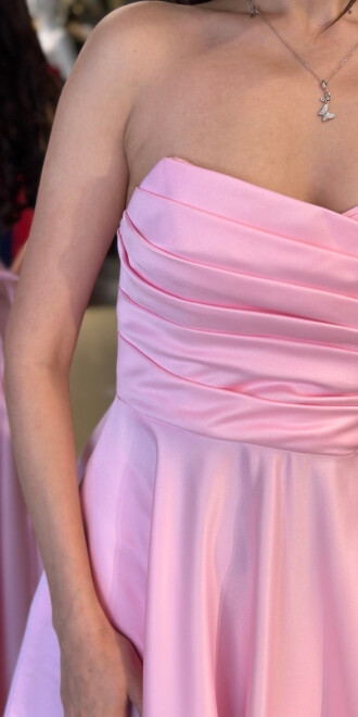 Pembe Straplez Yaka Sırt Dekolteli Kloş Etekli Saten Uzun Abiye Elbise 11120-01 - 4