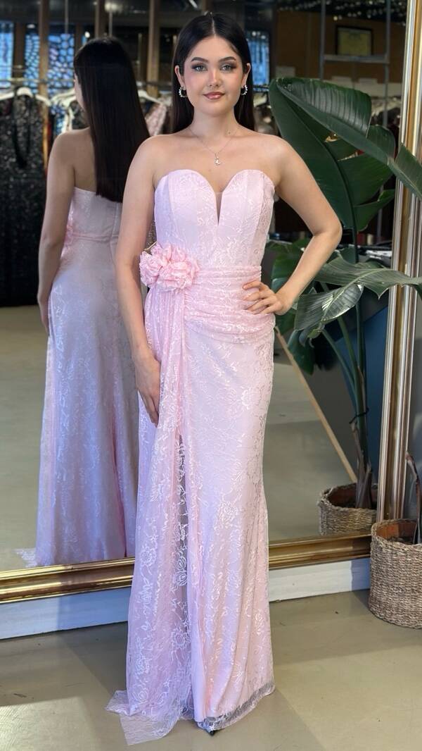 Pembe Straplez Yaka Yırtmaçlı Düz Kesim Likralı Dantel Uzun Abiye Elbise 11194-06 - 1