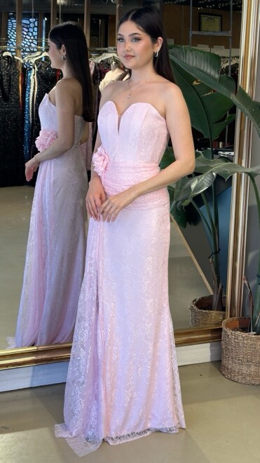 Pembe Straplez Yaka Yırtmaçlı Düz Kesim Likralı Dantel Uzun Abiye Elbise 11194-06 - 2