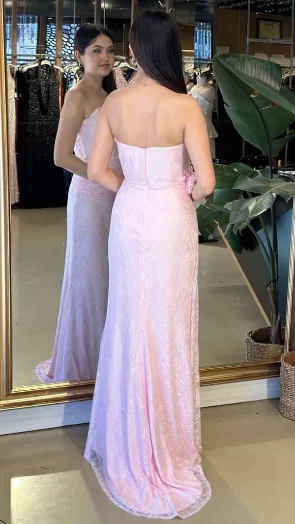 Pembe Straplez Yaka Yırtmaçlı Düz Kesim Likralı Dantel Uzun Abiye Elbise 11194-06 - 5