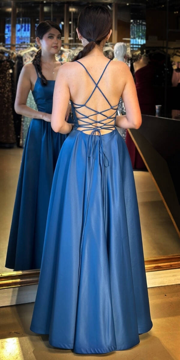 Petrol İp Askılı Sırt Dekolteli Kloş Etekli Saten Uzun Abiye Elbise 7590 - 5