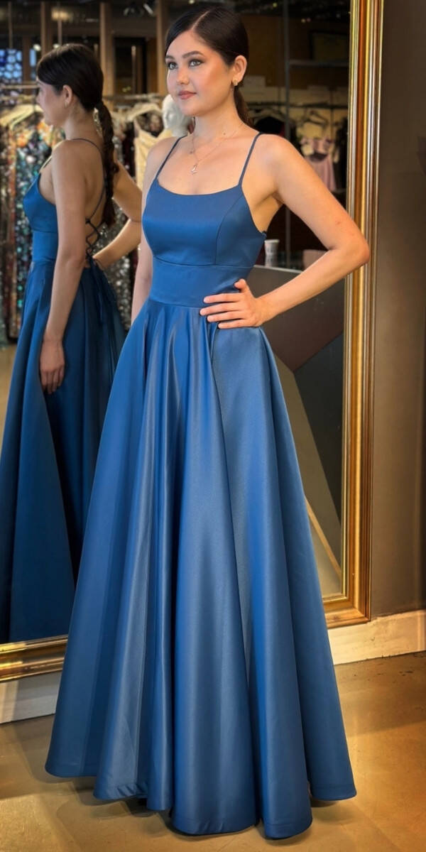 Petrol İp Askılı Sırt Dekolteli Kloş Etekli Saten Uzun Abiye Elbise 7590 - 2