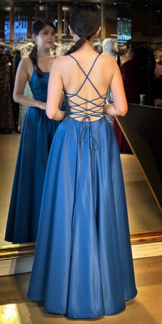 Petrol İp Askılı Sırt Dekolteli Kloş Etekli Saten Uzun Abiye Elbise 7590 - 5