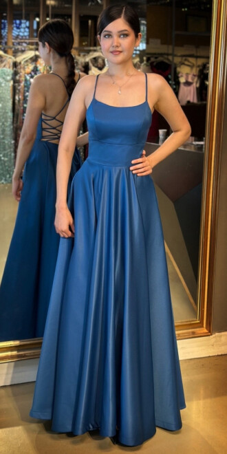 Petrol İp Askılı Sırt Dekolteli Kloş Etekli Saten Uzun Abiye Elbise 7590 