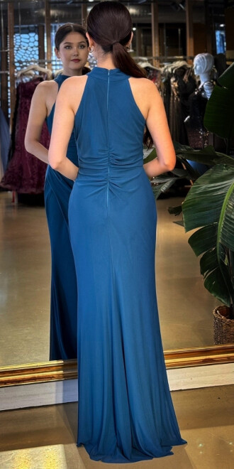 Petrol Renk Halter Yaka Yırtmaçlı Düz Kesim Likralı Tül Uzun Abiye Elbise 11084-12 - 5