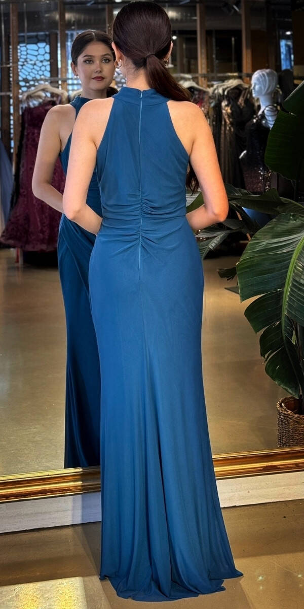 Petrol Renk Halter Yaka Yırtmaçlı Düz Kesim Likralı Tül Uzun Abiye Elbise 11084-12 - 5