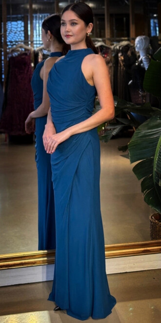 Petrol Renk Halter Yaka Yırtmaçlı Düz Kesim Likralı Tül Uzun Abiye Elbise 11084-12 - 2